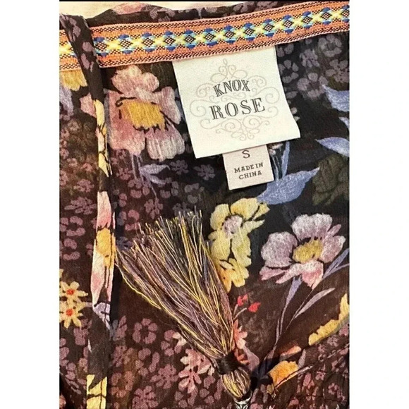 Knox Rose smocked mixed print peasant top short sleeve women’s size Small - Picture 3 of 5